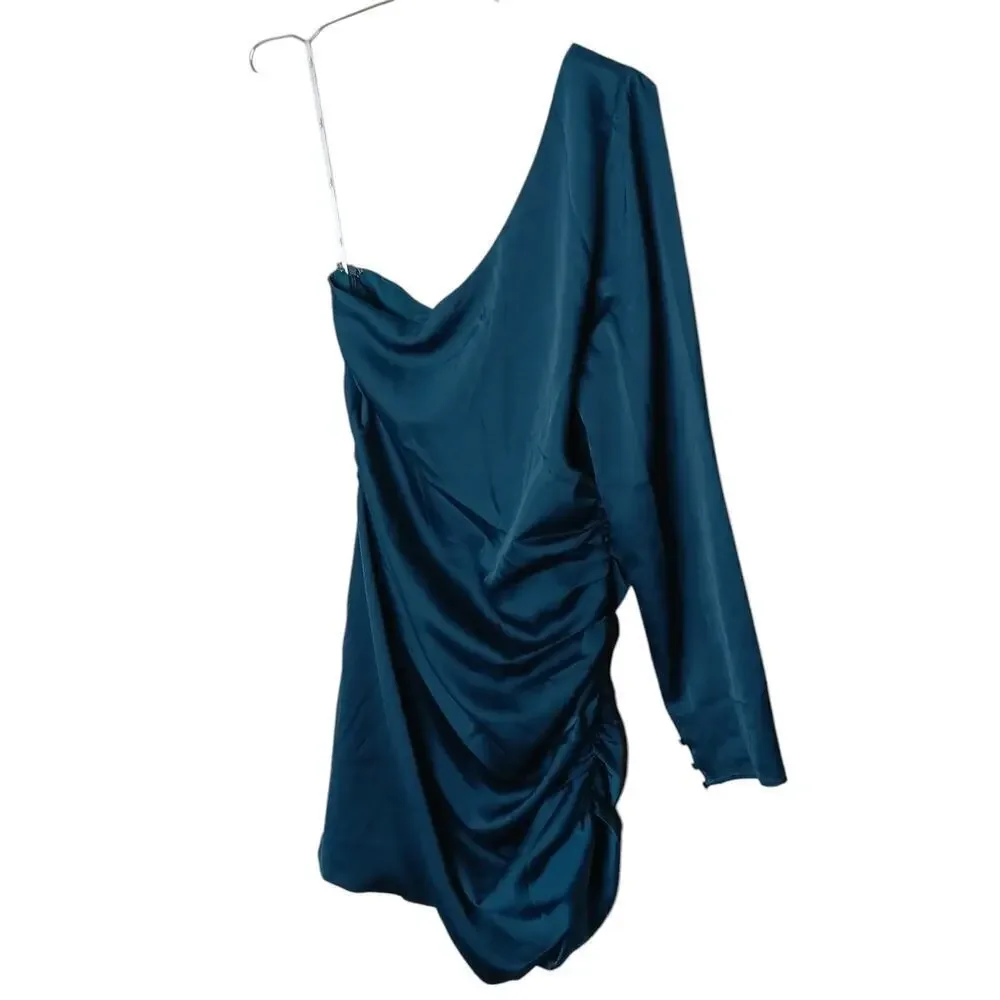 New without Tags Lulus Emerald Satin Ruched One-Shoulder Mini Dress SZ L - Picture 8 of 14
